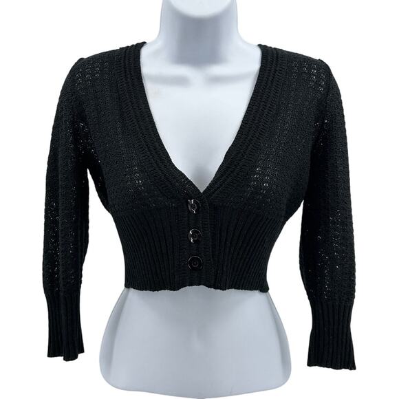 Susina Cropped Cardigan SZ M Black 3/4 Sleeve V-Neck Button Front Sheer Stretchy - Picture 1 of 7